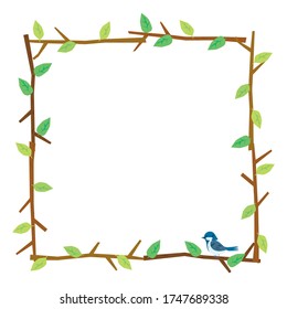 Marco, ornamento compuesto por ramas de árbol y hojas. Un pájaro lindo se ha detenido. Imagen ilustrativa de la naturaleza. Aplicaciones como, por ejemplo, la devolución del título.