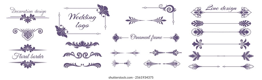 Frame ornament. Decoration border, line design, flourish luxury curl. Isolated elements. Corner elegant motif floral, royal corners decor. Wedding filigree classic shapes logo. Vector classic set