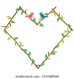 Frame, ornament in the shape of a heart composed of tree branches and leaves. A cute bird has stopped. Image illustration of nature. Applications such as title back.
