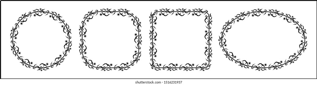 frame ornaments in the style of a flower or plant design with 4 different shapes, floral frame, isolated in a white background.