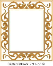 Marco con remolinos ornamentados que forman un borde rectangular y un margen interior, espacio limpio para texto o foto. Símbolo de elegancia, lujo y celebración. Ilustración vectorial de dibujos animados.