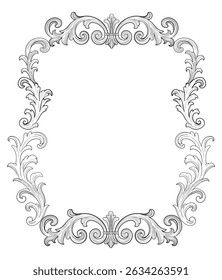 Frame of ornate vintage Victorian style. Black on white classic calligraphy swirls. Design print for greeting cards, wedding invitations, restaurant menu, royal certificates. Vector hand drawn