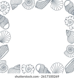 Frame with outline blue seashells. Design element for print, greeting card and invitation. Isolated vector illustration
