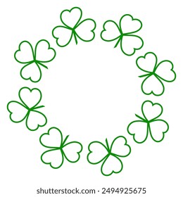 Frame of Outline clover leaves. Shamrocks Wreath in trendy green Isolated on white. Greeting concept