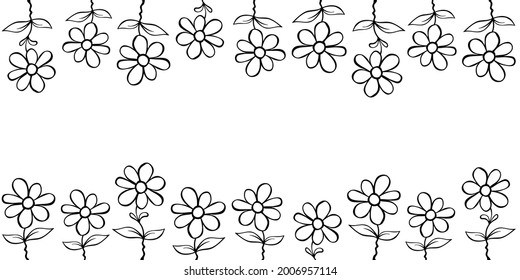 Frame from outline flowers in cartoon doodle. Vector hand drawn isolated. Horizontal top and bottom edging, border, decoration for greeting card, invitation, Valentine's, Women's or Mother day