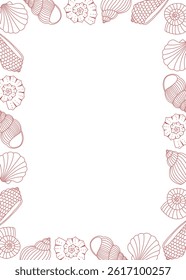 Frame with outline pink seashells. Design element for print, greeting card and invitation. Isolated vector illustration