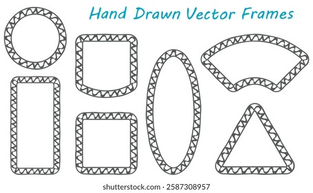 Frame outline set. Hand drawn decorative doodle wave ink brush stroke line, ethnic boho design border collection. Circle, rectangle, triangle shapes. Vector illustration. White background 