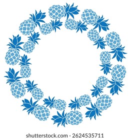 The frame is oval for decoration, background, invitation. A circle of pineapples. Vector isolated illustration on a white background.