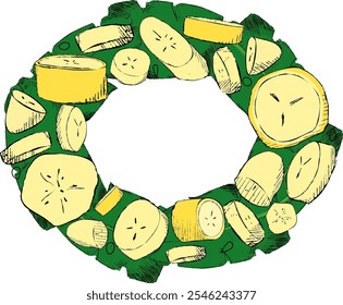 Frame oval ellipse made of Graphic Yellow Bananas slices and green leaves on white background. vector template for your text
