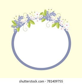 Frame of oval shape, with flowers in bloom of blue color, petals and leaves, placed on wide lines of circle, isolated on vector illustration