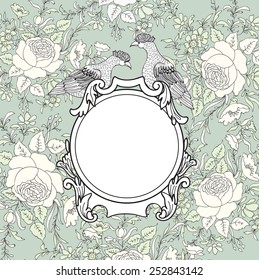 Frame over flower background. Vignette border with bird. Decorative card with floral pattern.