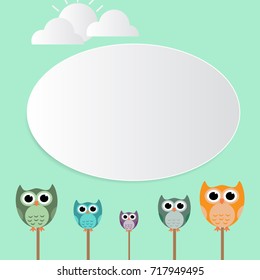 A frame of owl and a sheet of white paper art rests on light green background. 