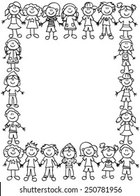 Frame Or Page Border Of Cute Kid Cartoon Characters Holding Hands - Black Outline