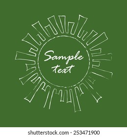 Frame painted by hand. The shape is round with blunt rays. Green background