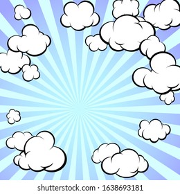 Frame of painted clouds. Radial rays of the sun. Retro style. Cartoon. Square format. Vector illustration.