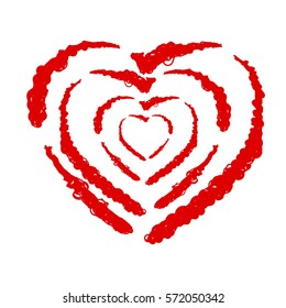 Frame painted valentine heart texture. Isolated placer circle red love symbol. Grunge holiday romantic sign. Stroke shaded border. Icon, badge, label background. High detailed quality. EPS10 vector.