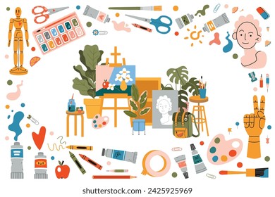 Marco con elementos de herramientas de pintura e interior de estudio de clase de arte. Tubos de pintura, caballete, pinceles, lápiz, acuarela y paleta. Ilustración aislada del vector de la historieta, dibujado a mano, diseño plano