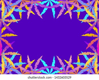Frame of palm leaves, purple and orange gradient. Tropical template for health cards. Vector illustration