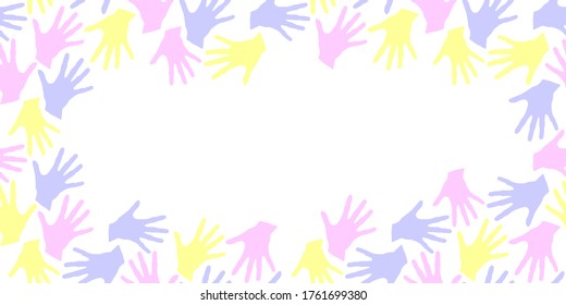 Frame with palm prints. Seamless pattern. Symbol of racial and national equality, friendship, happy childhood, world peace, unity of peoples and globalization