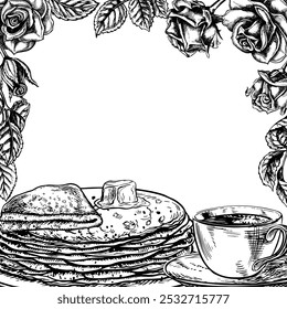 Un marco con panqueques y una taza de té. Dibujo gráfico de Vector de desayuno. Ilustración de comida dibujada a mano en blanco y negro. Sobre un fondo blanco. Para menús, carteles o etiquetas, recetas e invitaciones