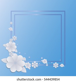 Frame with paper abstract flowers on a blue background vector illustration