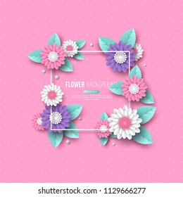 Frame with paper cut 3d flower in pink, white and violet colors. Place for text, dotted pattern. Decorative elements for holiday design. Vector illustration.