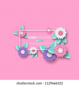Frame with paper cut 3d flower in pink, white and violet colors. Place for text, dotted pattern. Decorative elements for holiday design. Vector illustration.