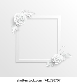 Frame. Paper flower. White rectangular photo frame with white cut out paper flowers. Wedding decorations. Greeting card template, blank floral wall decor. Background. Illustration