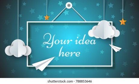 Frame paper illustration. Paper airplane, star, cloud Vector eps 10