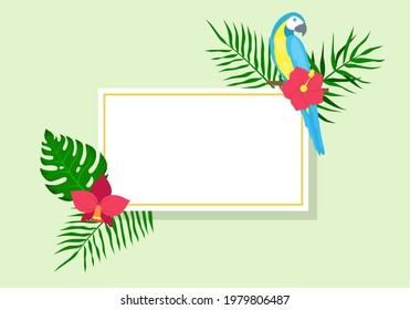Frame with parrots and palm leaves. Vector illustration