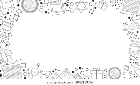 Frame with Passover holiday flat design black thin line icons. Template with space for text, isolated on background.
