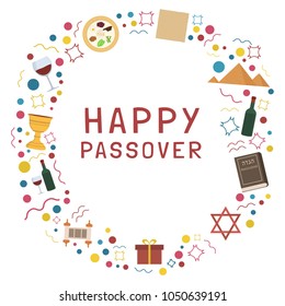 Frame with Passover holiday flat design icons with text in english "Happy Passover". Template with space for text, isolated on background.
