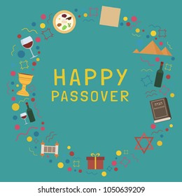 Frame with Passover holiday flat design icons with text in english "Happy Passover". Template with space for text, isolated on background.
