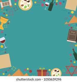 Frame with Passover holiday flat design icons. Template with space for text, isolated on background.
