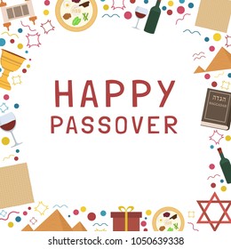 Frame with Passover holiday flat design icons with text in english "Happy Passover". Template with space for text, isolated on background.
