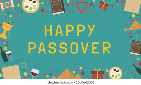 Frame with Passover holiday flat design icons with text in english "Happy Passover". Template with space for text, isolated on background.