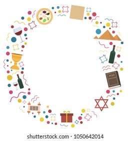 Frame with Passover holiday flat design icons. Template with space for text, isolated on background.
