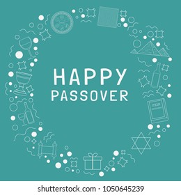 Frame with Passover holiday flat design white thin line icons with text in english "Happy Passover". Template with space for text, isolated on background.