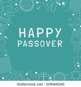 Frame with Passover holiday flat design white thin line icons with text in english "Happy Passover". Template with space for text, isolated on background.