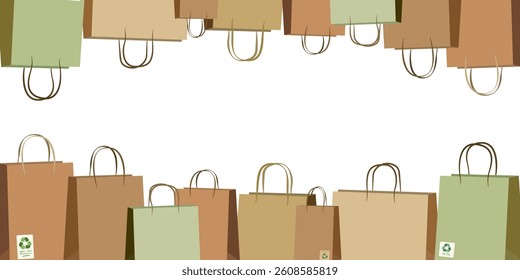frame pastel eco shopping bags - delicate colored paper bags with recycling symbol - trendy modern illustration for paper decoration card design
