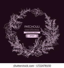 Frame with Patchoulis inflorescences and flowers and branch with leaves . Detailed hand-drawn sketches, vector botanical illustration.  