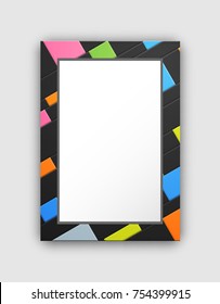 Frame pattern with abstract color squares on black background, empty inside, picture represented on vector illustration isolated on white