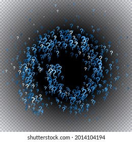 Frame pattern of blue question marks scattered isolated on black background. Colorful poll template. Design for query background, faq, interrogation, quiz, poll. Vector illustration
