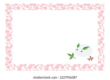 Frame with a pattern of branches with pink plum blossoms with illustration of a rabbit made of snow and nandina berries and leaves. With white copy space.