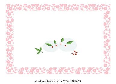 Frame with a pattern of branches with pink plum blossoms with illustration of two rabbits made of snow and nandina berries and leaves. With white copy space.