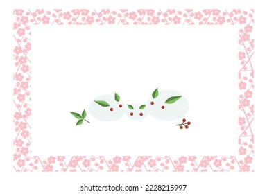 Frame with a pattern of branches with pink plum blossoms with illustration of three rabbits made of snow and nandina berries and leaves. With white copy space.