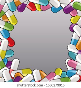 frame with  pattern of colourful pills, capsules, pills, drugs on a gray background
