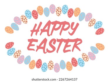 Frame with pattern eggs and Happy Easter characters