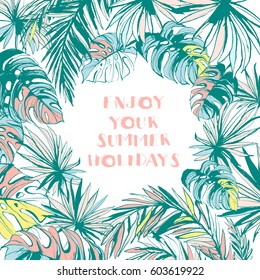 Frame pattern of ink Hand drawn Tropical palm leaves. Greeting card, invitation for summer beach party, flyer. Vector illustration. Grunge design style