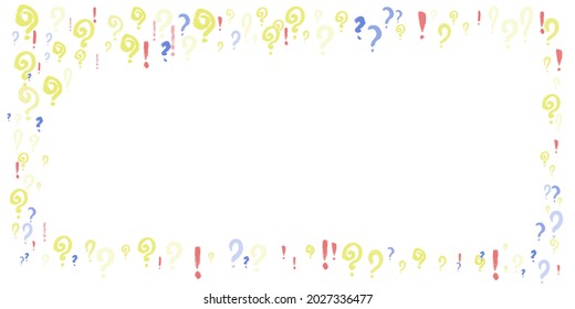 Frame pattern of question, xclamation marks scattered. Doodle punctuation marks in grunge texture style. Colorful poll template. Design for query background, faq, interrogation, quiz, poll. Vector